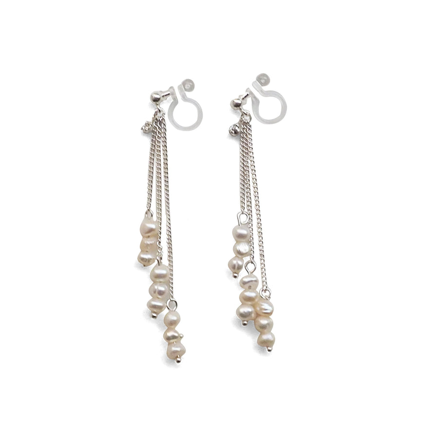 Dangle Beaded White Freshwater Pearl Invisible Clip On Earrings (Silver tone) - miyabigracejewelry.com