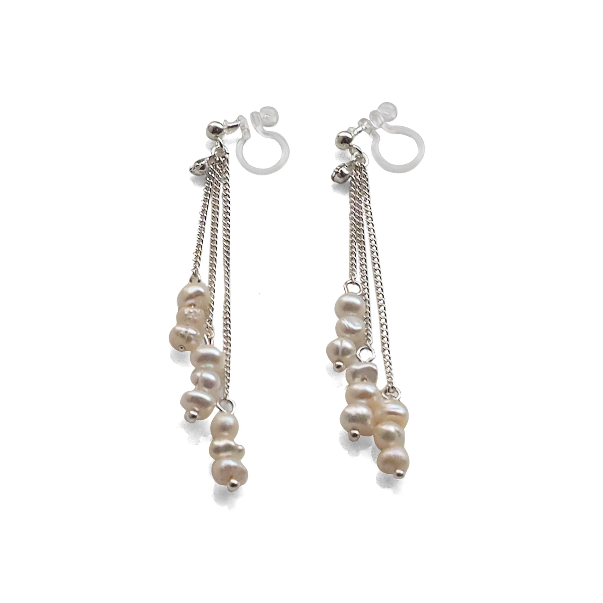 Dangle Beaded White Freshwater Pearl Invisible Clip On Earrings (Silver tone) - miyabigracejewelry.com