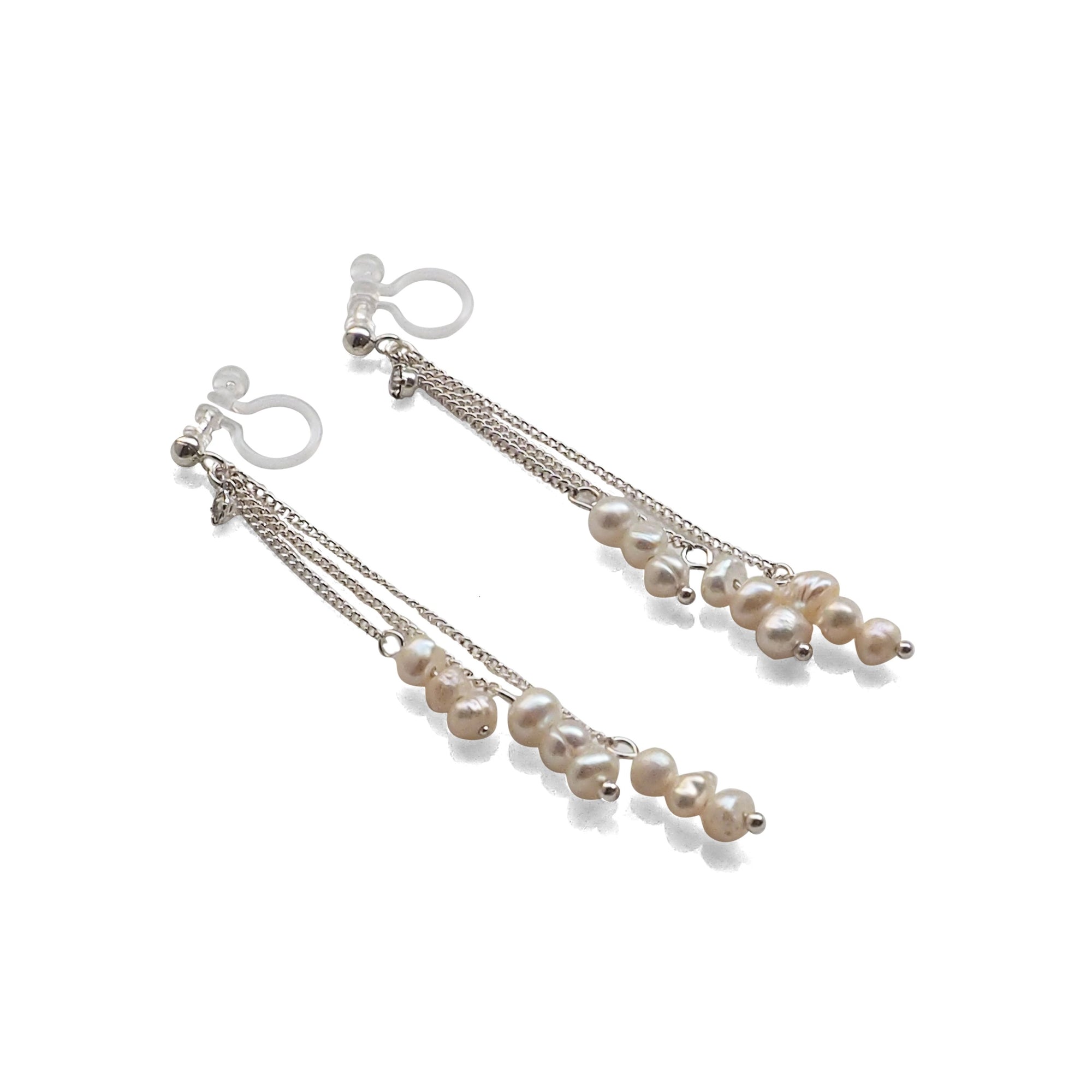 Dangle Beaded White Freshwater Pearl Invisible Clip On Earrings (Silver tone) - miyabigracejewelry.com
