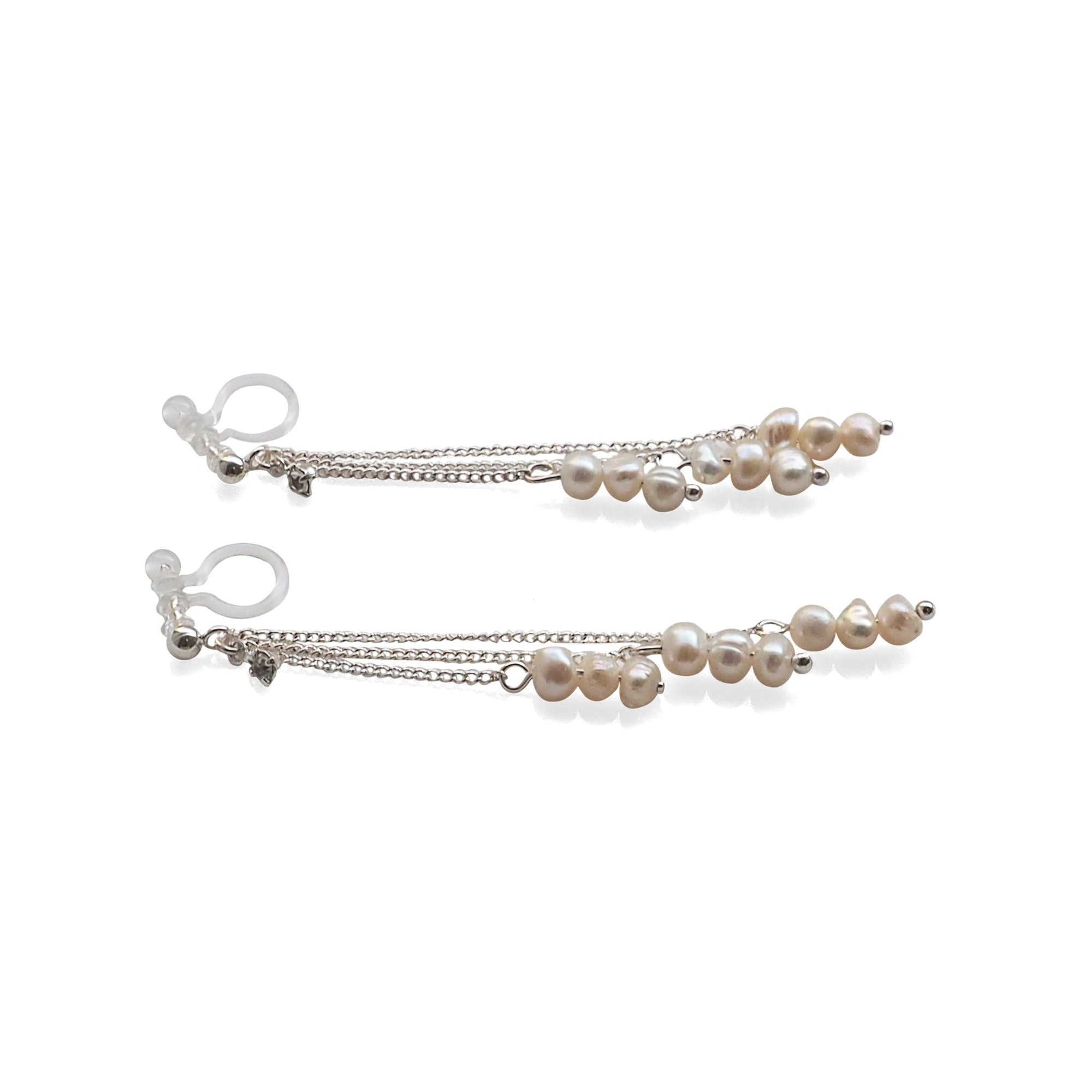 Dangle Beaded White Freshwater Pearl Invisible Clip On Earrings (Silver tone) - miyabigracejewelry.com