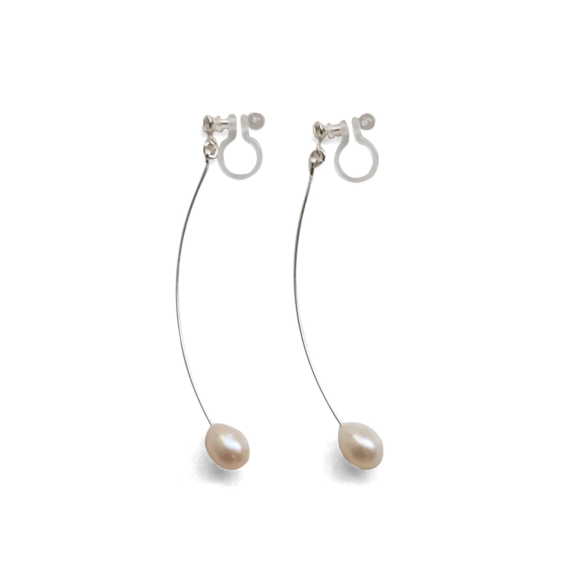 White Teardrop Freshwater Pearl Invisible Clip On Earrings (Silver tone Wave Bar) - miyabigracejewelry.com