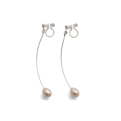 White Teardrop Freshwater Pearl Invisible Clip On Earrings (Silver tone Wave Bar) - miyabigracejewelry.com