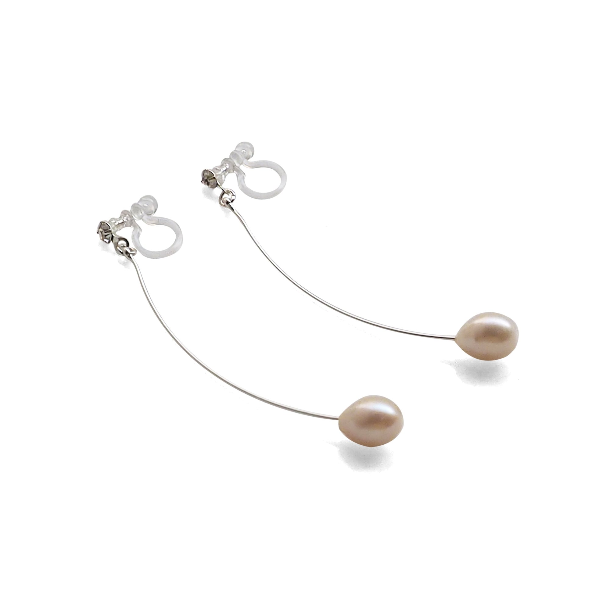 White Teardrop Freshwater Pearl Invisible Clip On Earrings (Silver tone Wave Bar) - miyabigracejewelry.com