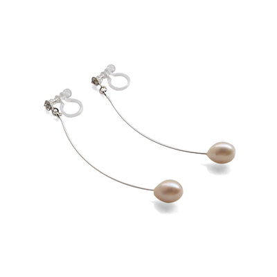 White Teardrop Freshwater Pearl Invisible Clip On Earrings (Silver tone Wave Bar) - miyabigracejewelry.com