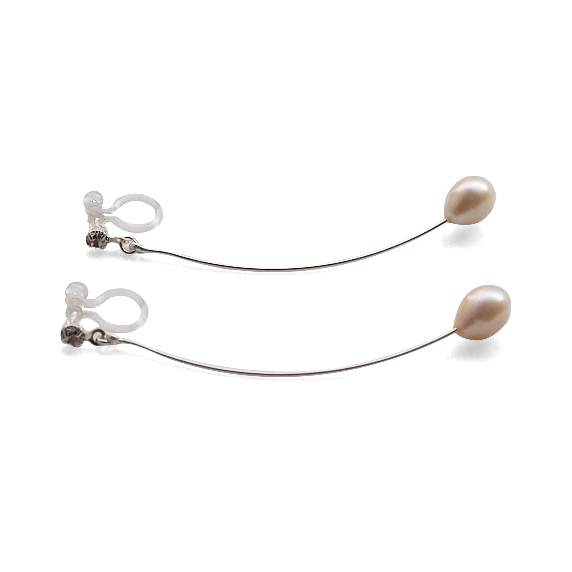 White Teardrop Freshwater Pearl Invisible Clip On Earrings (Silver tone Wave Bar) - miyabigracejewelry.com