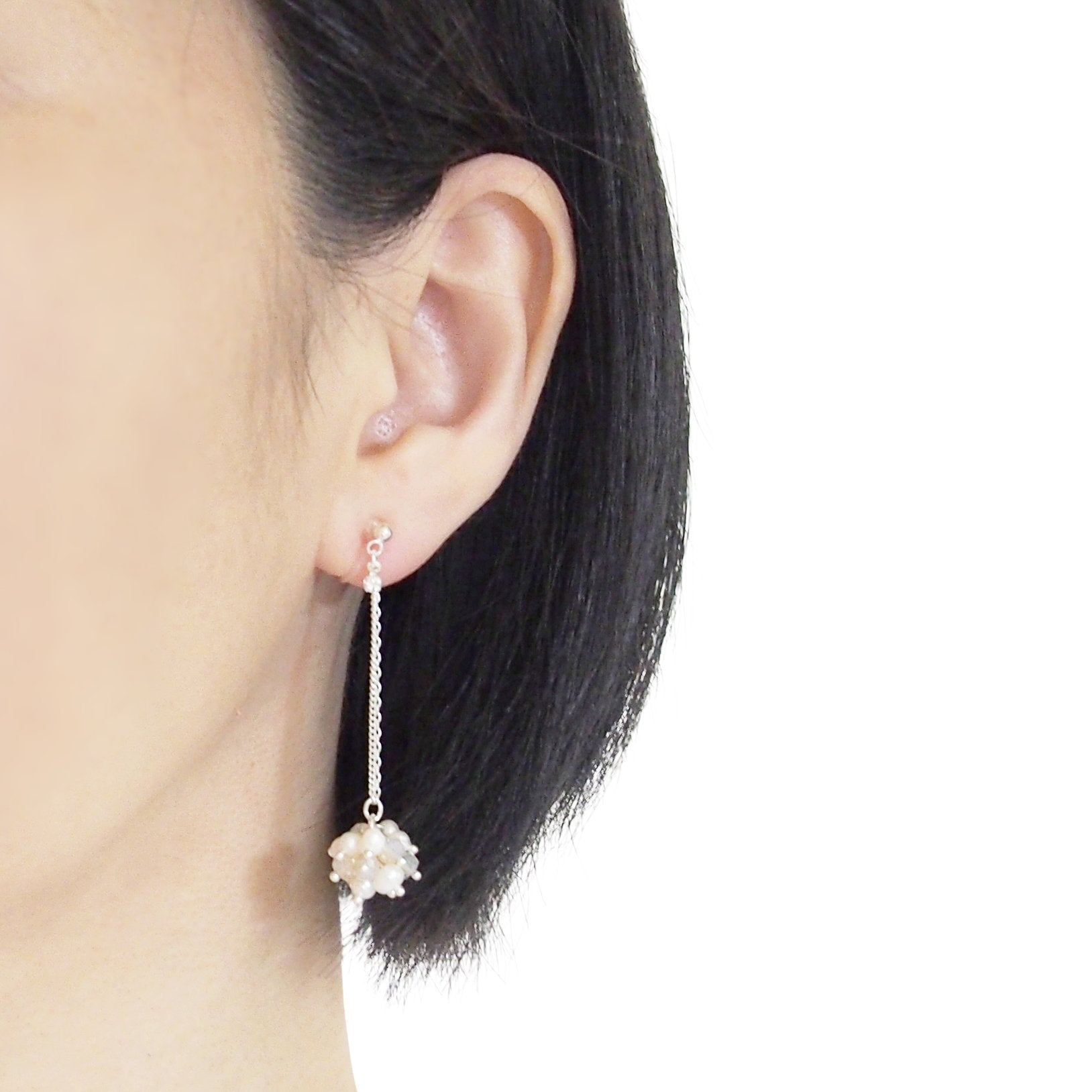 White Freshwater Pearl & Pink Crystal Ball Invisible Clip On Earrings (Silver tone) - miyabigracejewelry.com