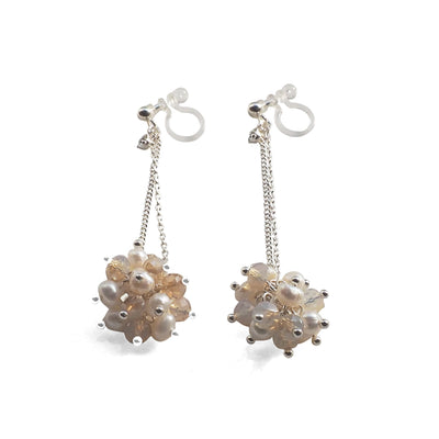 White Freshwater Pearl & Pink Crystal Ball Invisible Clip On Earrings (Silver tone) - miyabigracejewelry.com