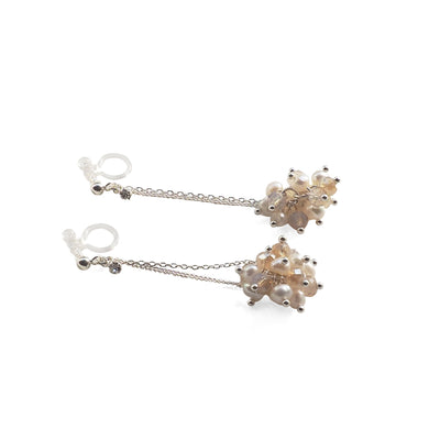 White Freshwater Pearl & Pink Crystal Ball Invisible Clip On Earrings (Silver tone) - miyabigracejewelry.com