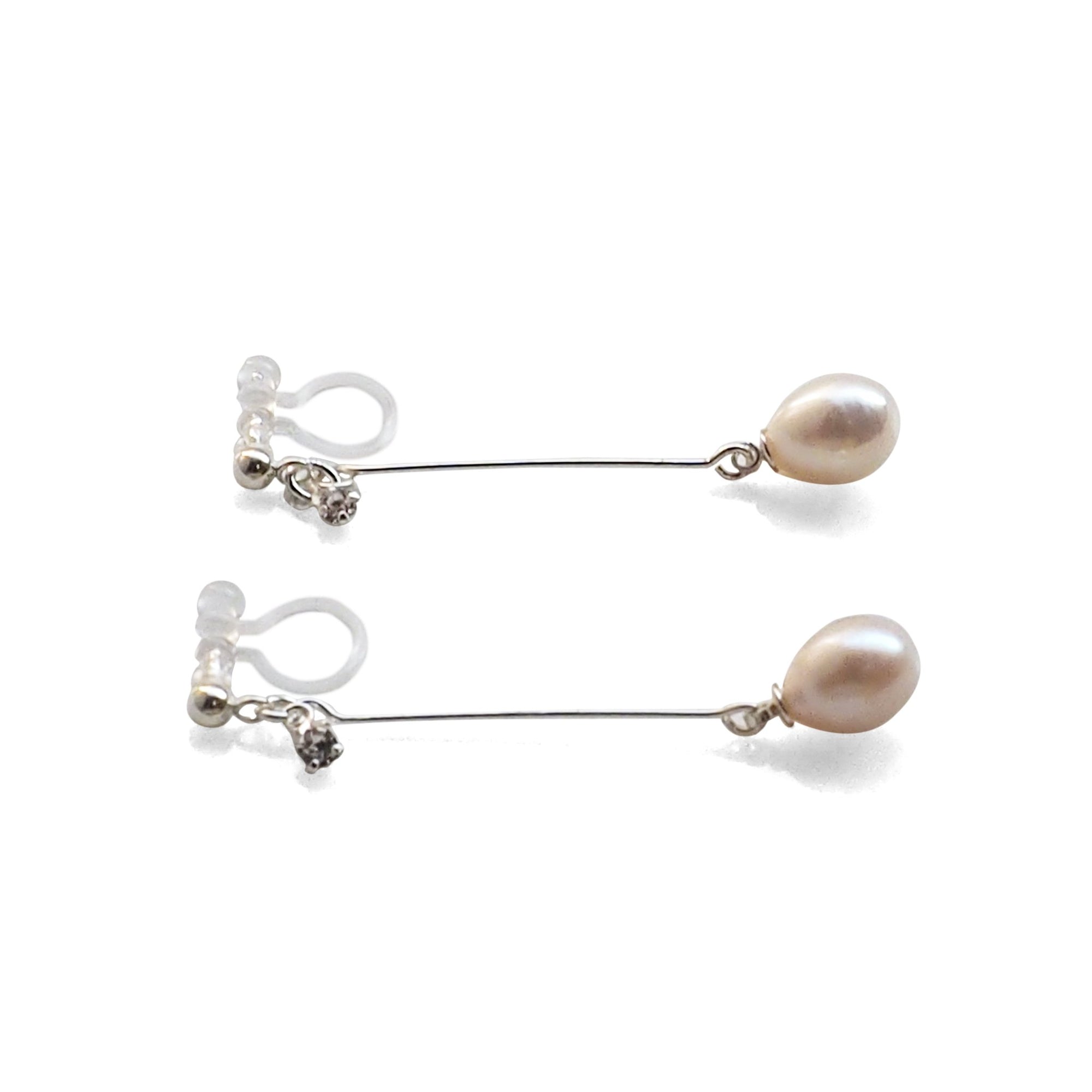 White Teardrop Freshwater Pearl Invisible Clip On Earrings (Silver tone) - miyabigracejewelry.com