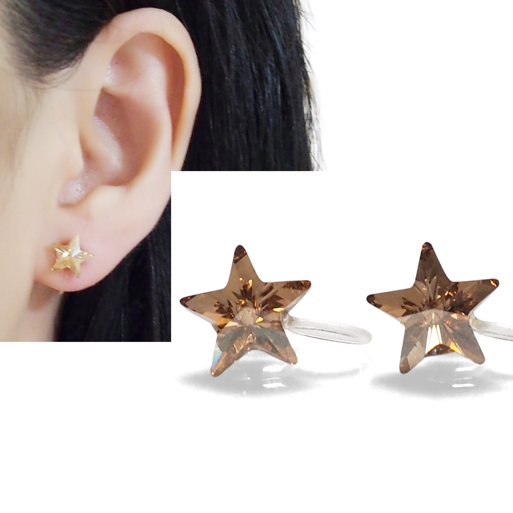 Golden Shadow Star Swarovski crystal invisible clip on earrings - miyabigracejewelry.com
