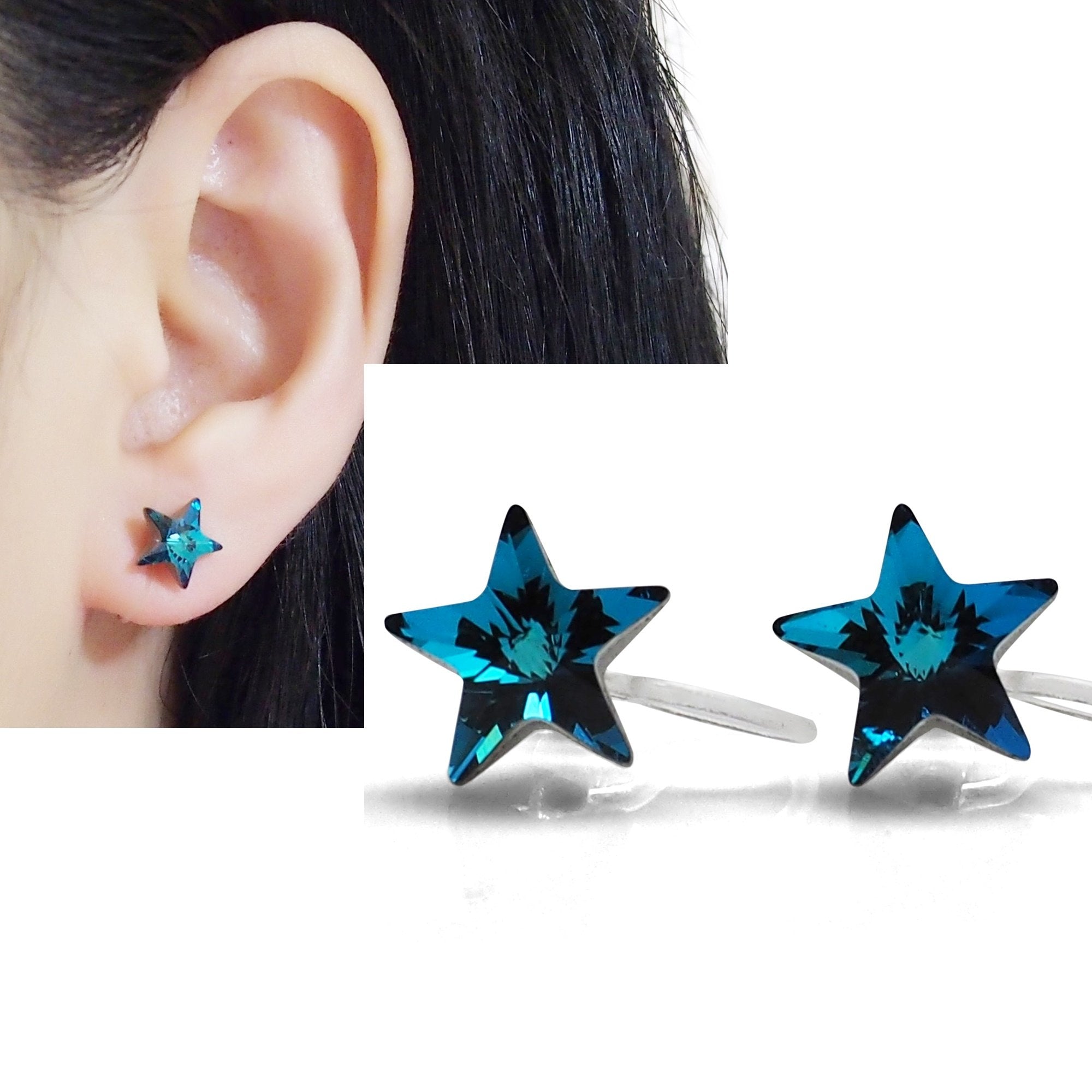 Bermuda Blue Star Swarovski crystal invisible clip on stud earrings - miyabigracejewelry.com