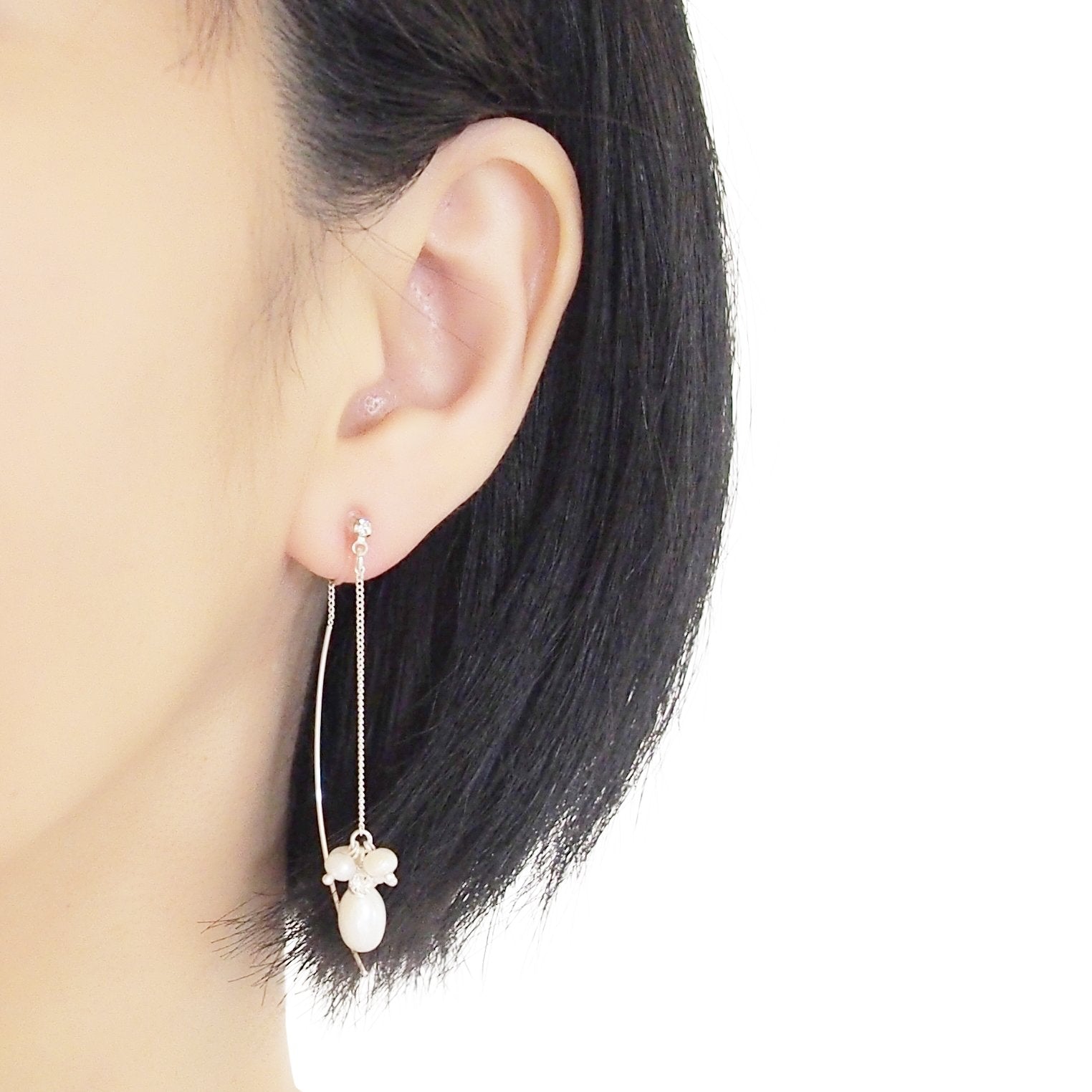 Double Sided White Freshwater Pearl Invisible Clip On Earrings (Silver tone) - miyabigracejewelry.com