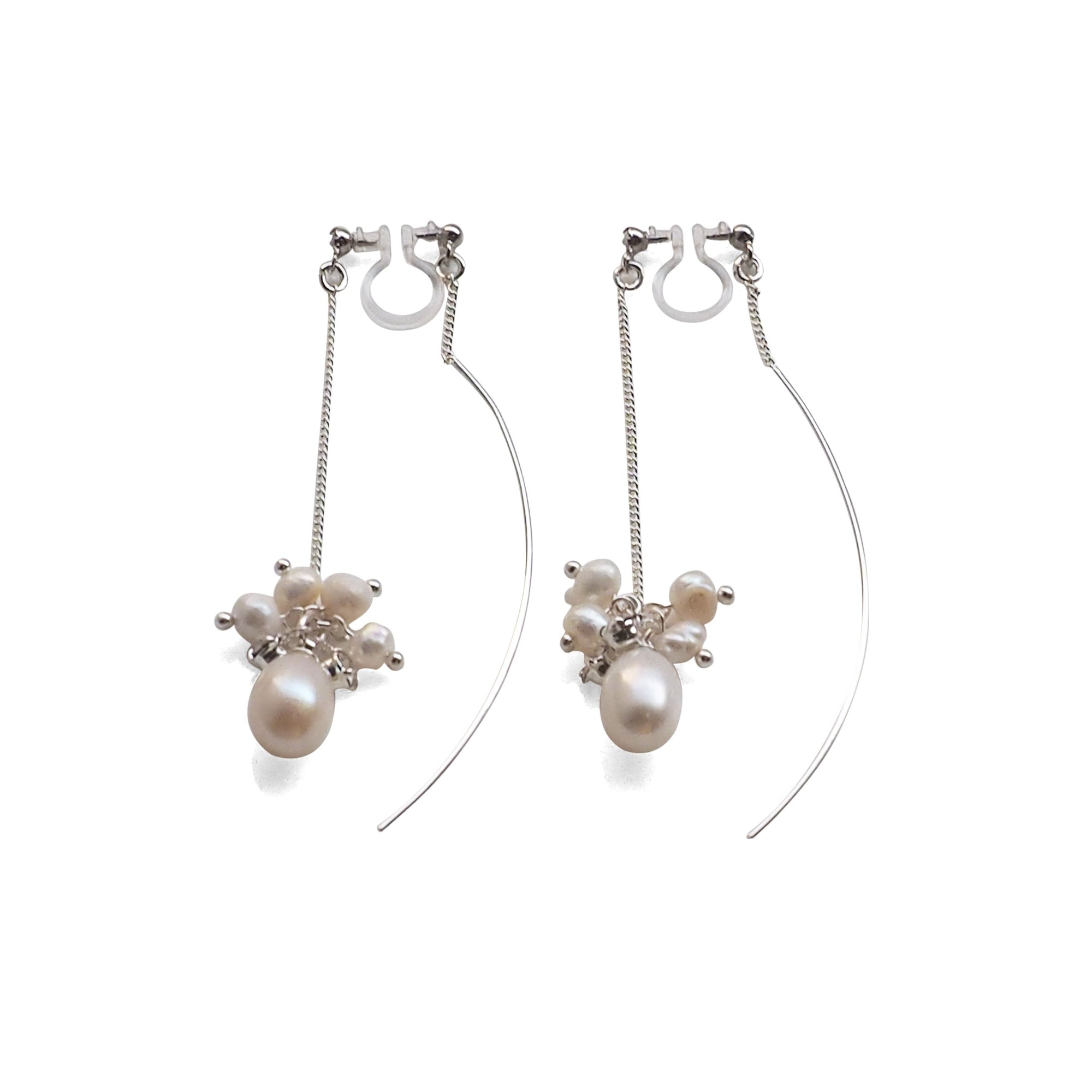 Double Sided White Freshwater Pearl Invisible Clip On Earrings (Silver tone) - miyabigracejewelry.com