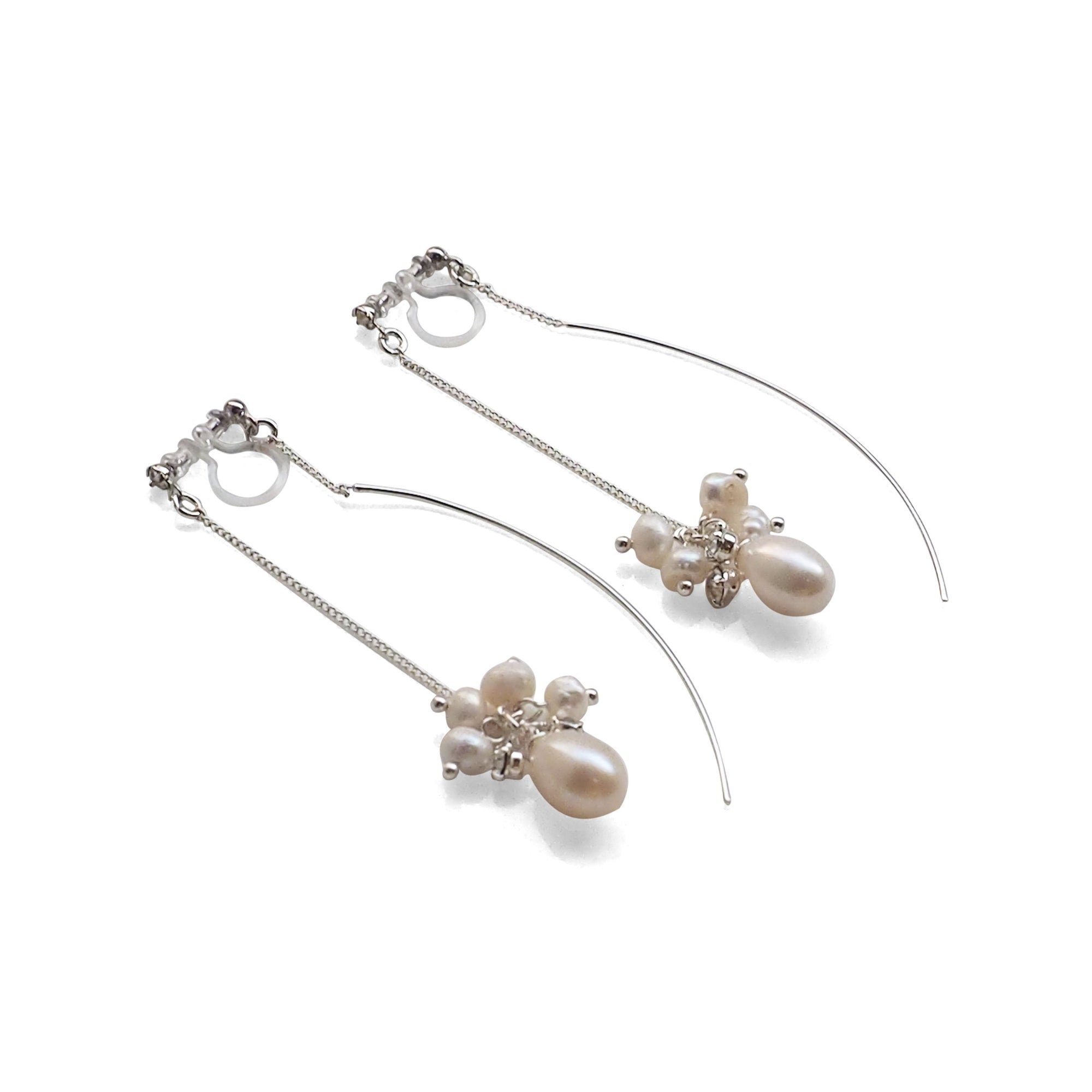 Double Sided White Freshwater Pearl Invisible Clip On Earrings (Silver tone) - miyabigracejewelry.com
