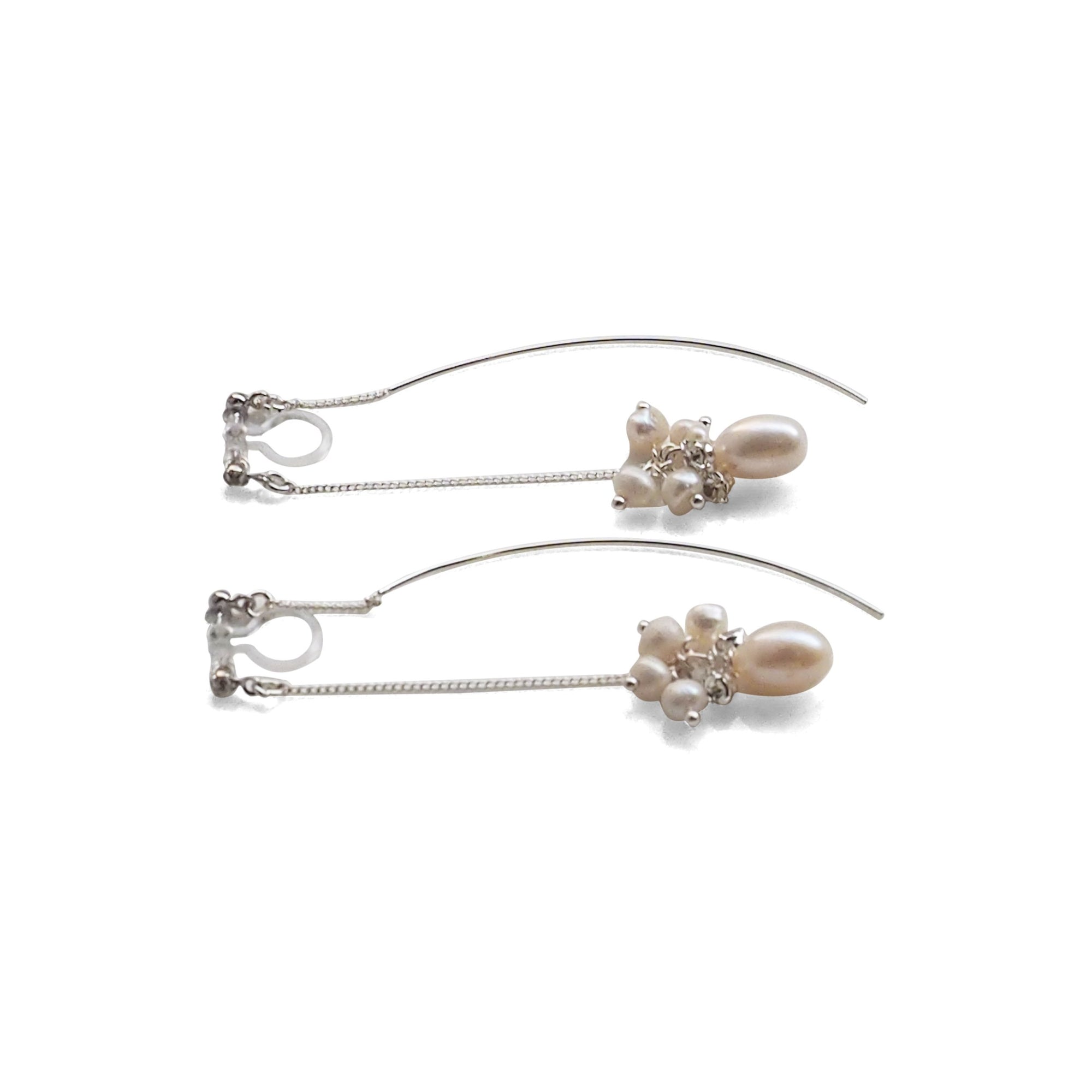 Double Sided White Freshwater Pearl Invisible Clip On Earrings (Silver tone) - miyabigracejewelry.com
