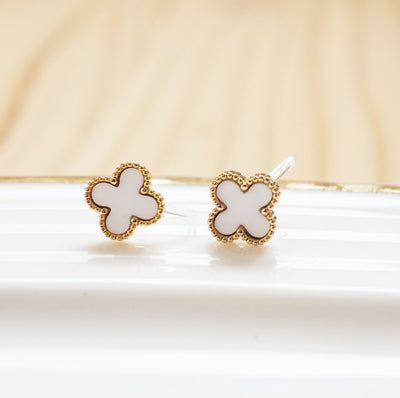 White Clover Invisible Clip On Stud Earrings ( Gold tone )