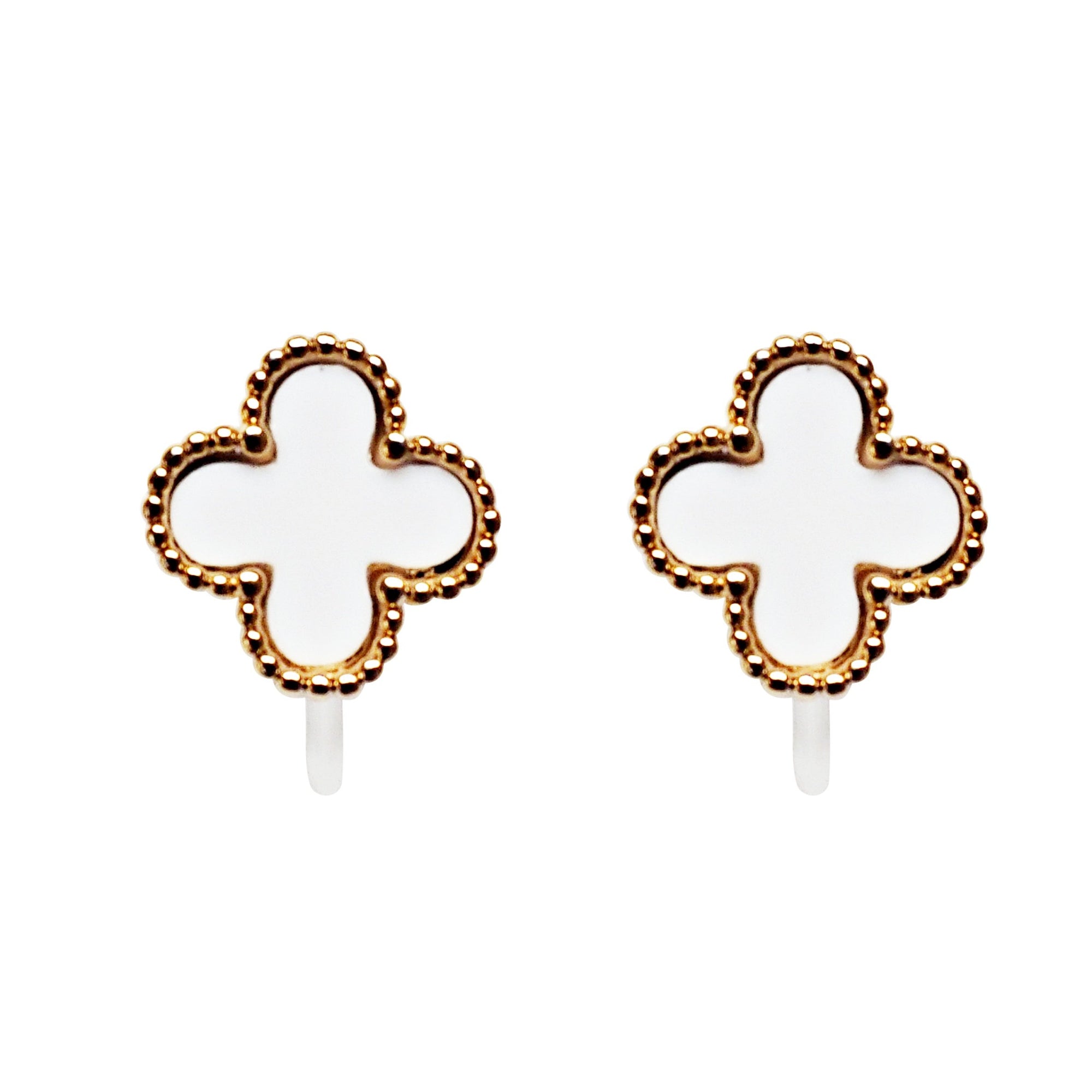 White Clover Invisible Clip On Stud Earrings ( Gold tone )