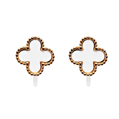 White Clover Invisible Clip On Stud Earrings ( Gold tone )