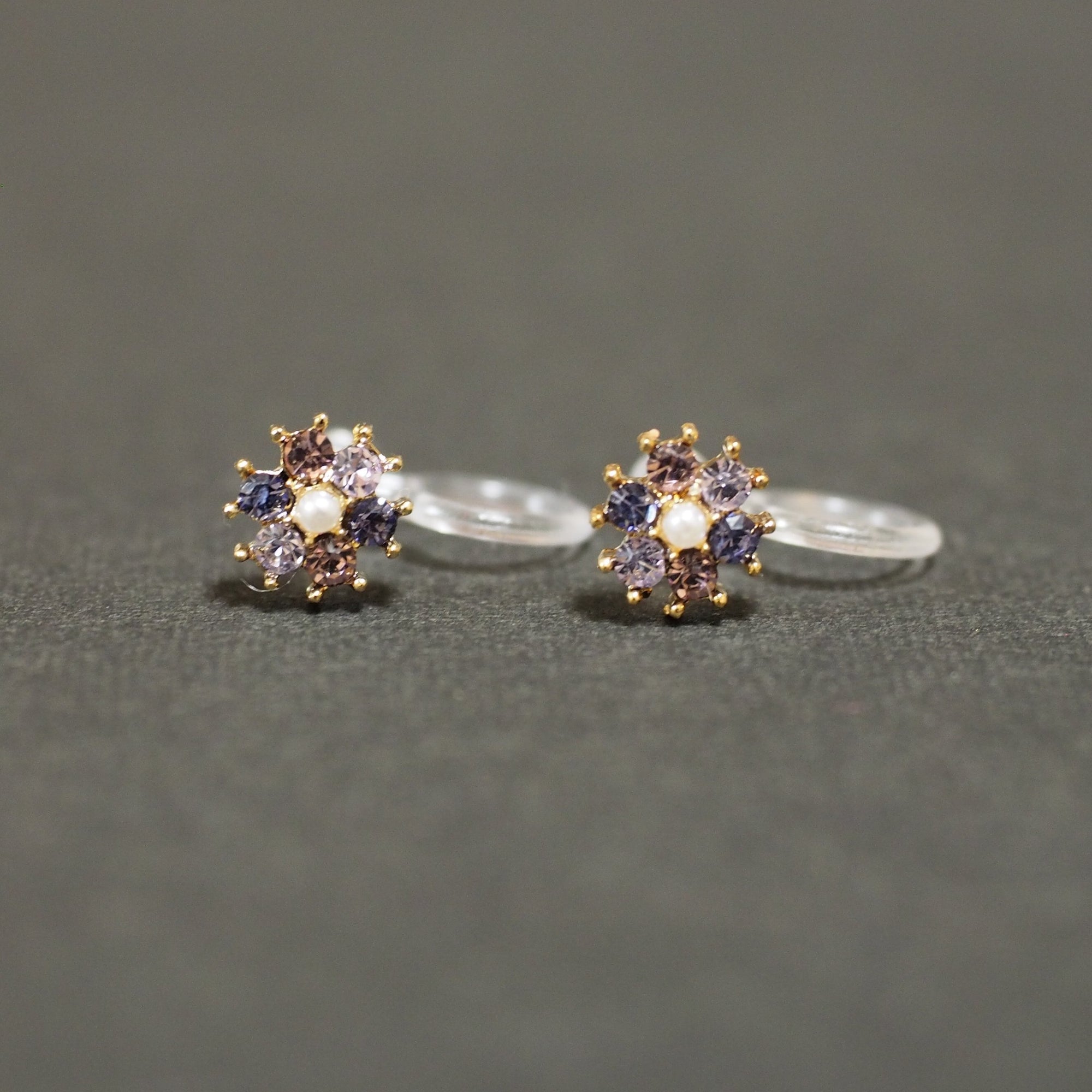 Flower Rhinestone Invisible Clip On Stud Earrings (Light Purple) - miyabigracejewelry.com