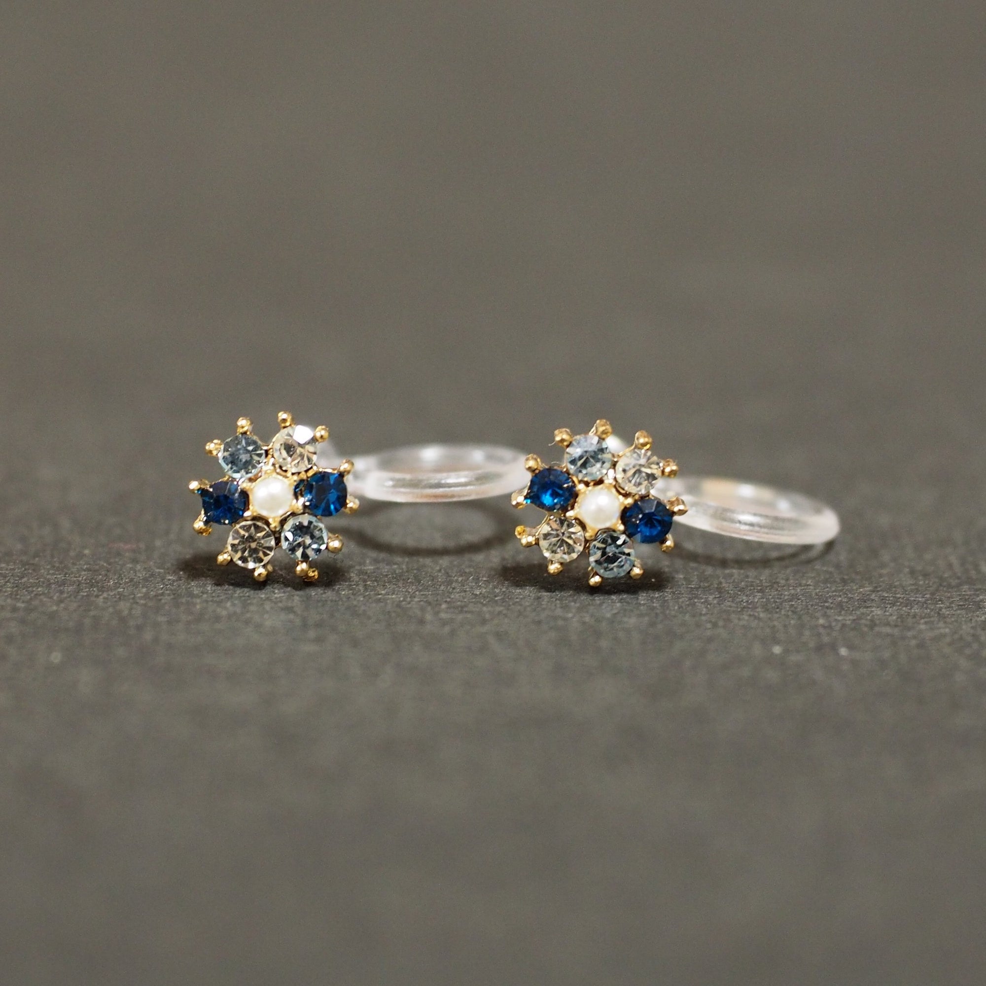 Flower Rhinestone Invisible Clip On Stud Earrings (Blue) - miyabigracejewelry.com