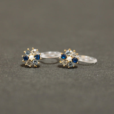 Flower Rhinestone Invisible Clip On Stud Earrings (Blue) - miyabigracejewelry.com