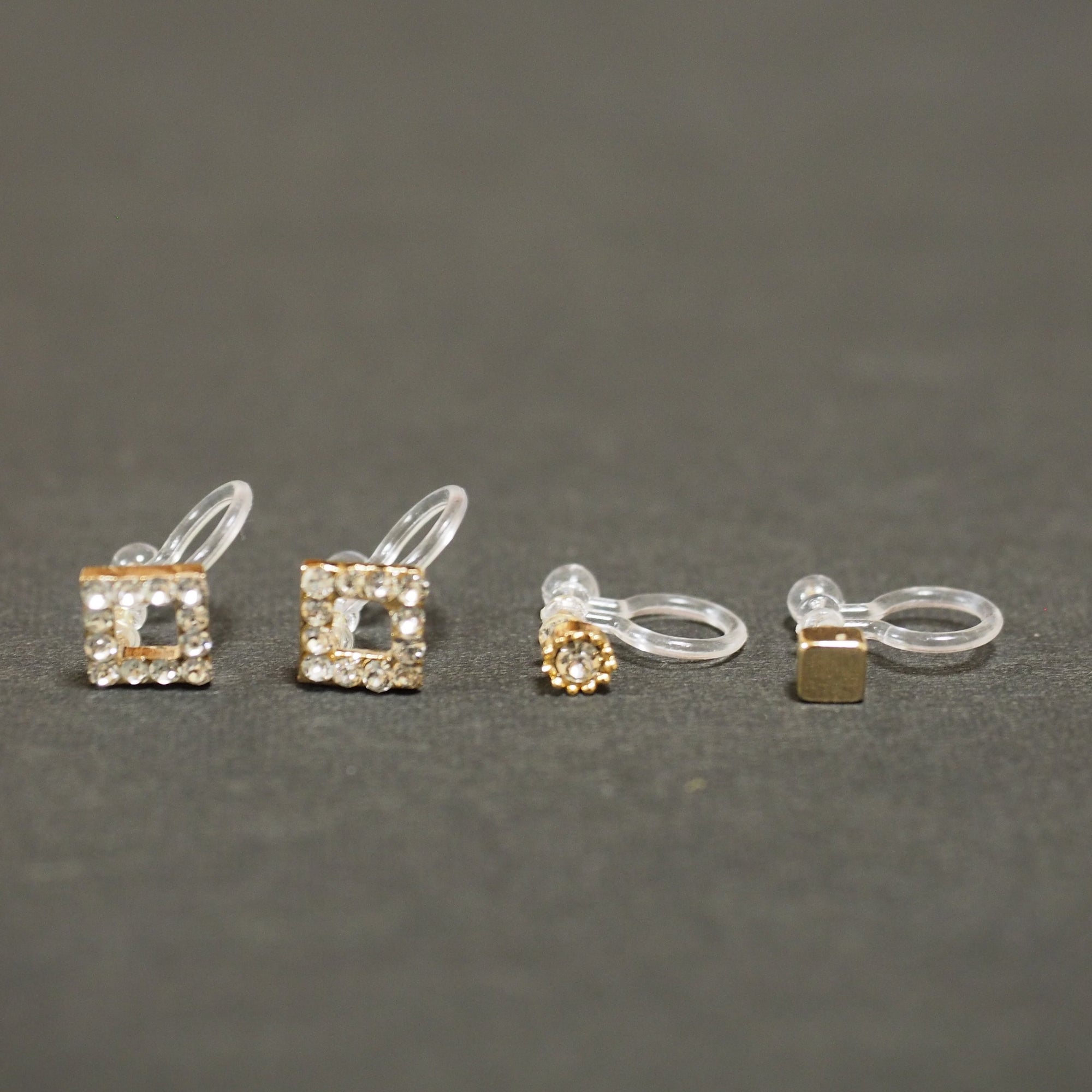 Square Rhinestone and Gold Invisible Clip On Stud Earrings - miyabigracejewelry.com