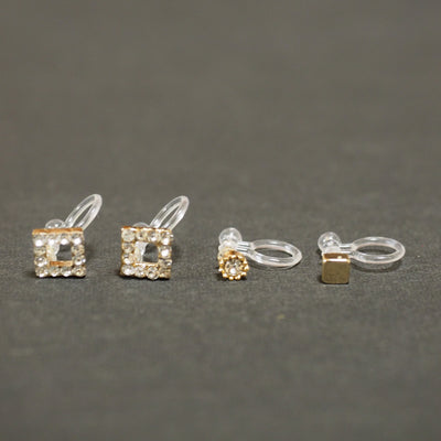 Square Rhinestone and Gold Invisible Clip On Stud Earrings - miyabigracejewelry.com