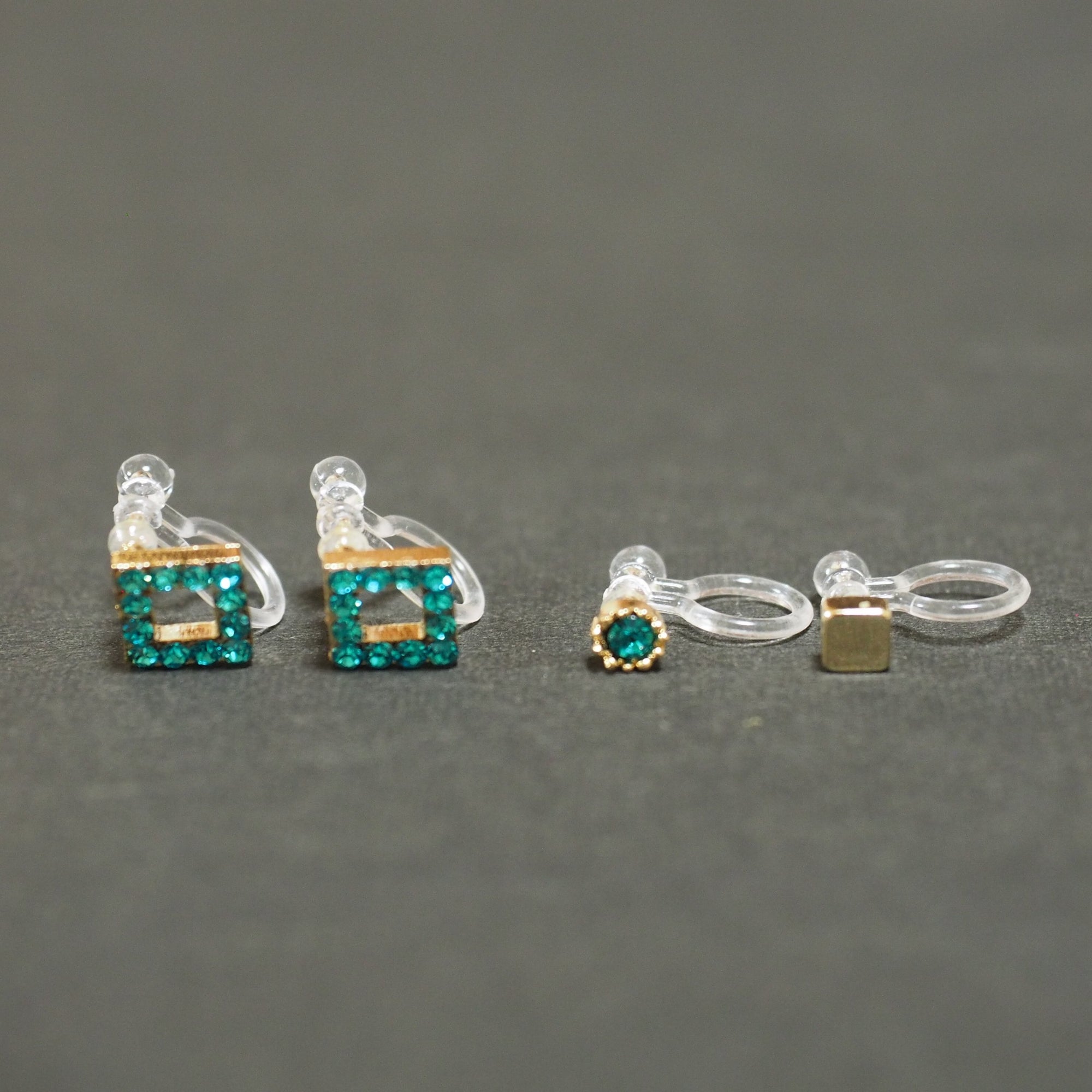 Sky Blue Square Rhinestone and Gold Invisible Clip On Stud Earrings - miyabigracejewelry.com