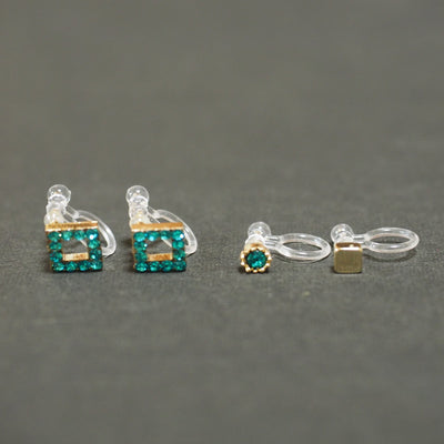Sky Blue Square Rhinestone and Gold Invisible Clip On Stud Earrings - miyabigracejewelry.com