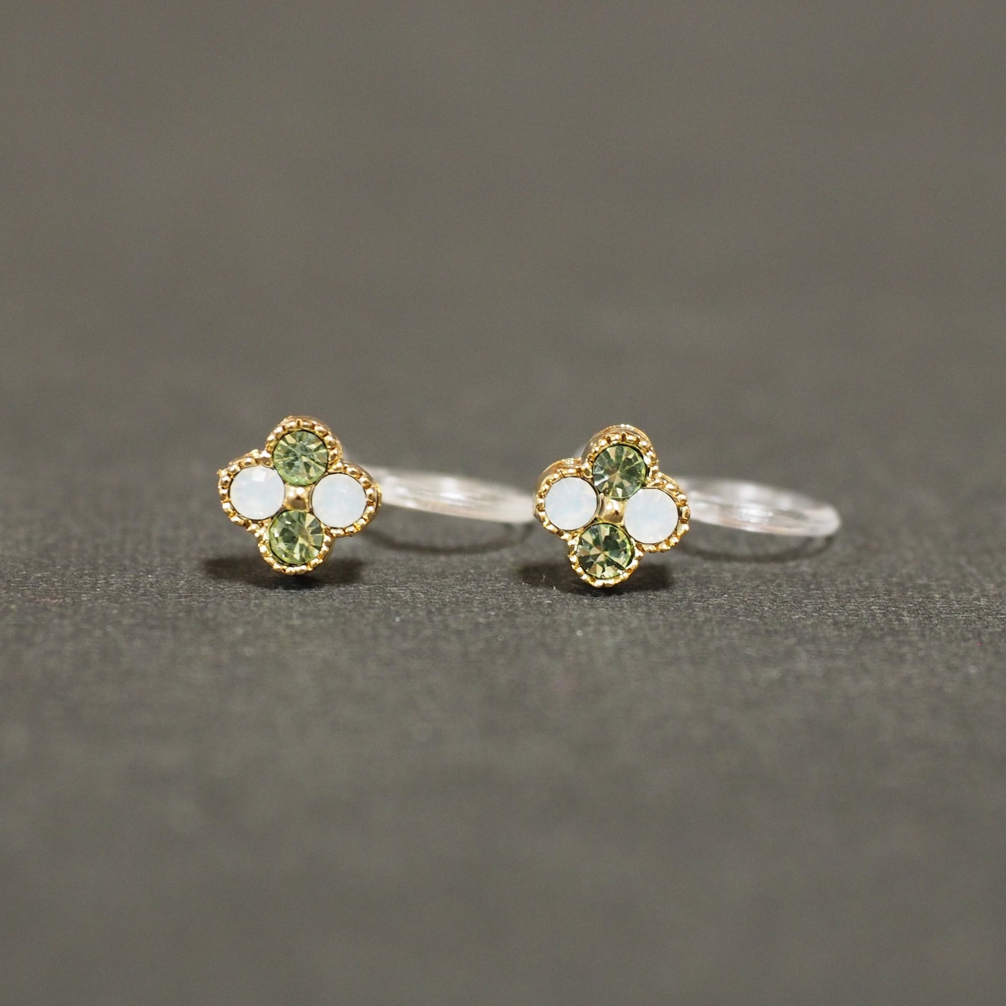 Light Green Flower Rhinestone Invisible Clip On Stud Earrings - miyabigracejewelry.com