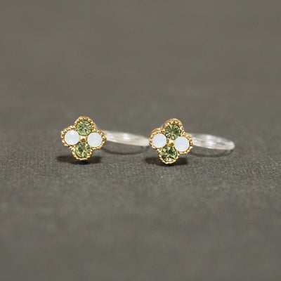 Light Green Flower Rhinestone Invisible Clip On Stud Earrings - miyabigracejewelry.com