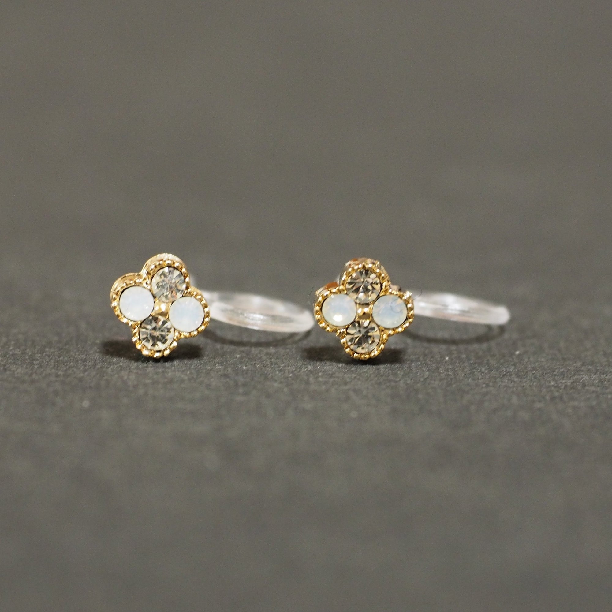 Milky White Flower Rhinestone Invisible Clip On Stud Earrings - miyabigracejewelry.com