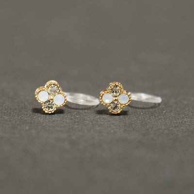 Milky White Flower Rhinestone Invisible Clip On Stud Earrings - miyabigracejewelry.com