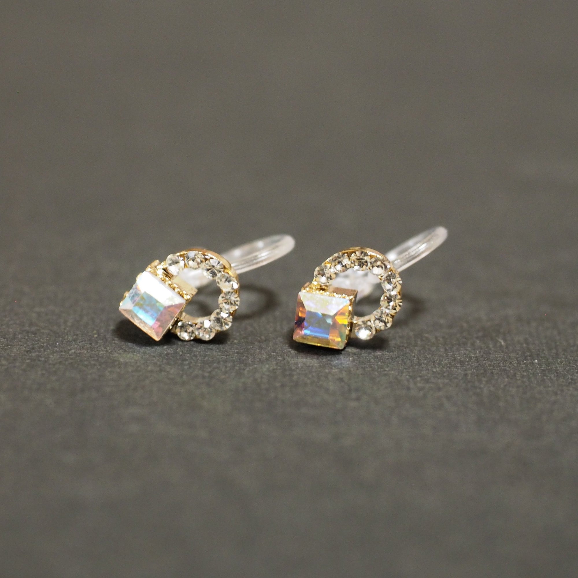 Aurora Borealis Swarovski Hoop Rhinestone Invisible Clip On Stud Earrings - miyabigracejewelry.com