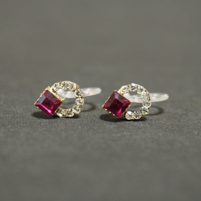 Fuchsia Pink Swarovski Hoop Rhinestone Invisible Clip On Stud Earrings - miyabigracejewelry.com