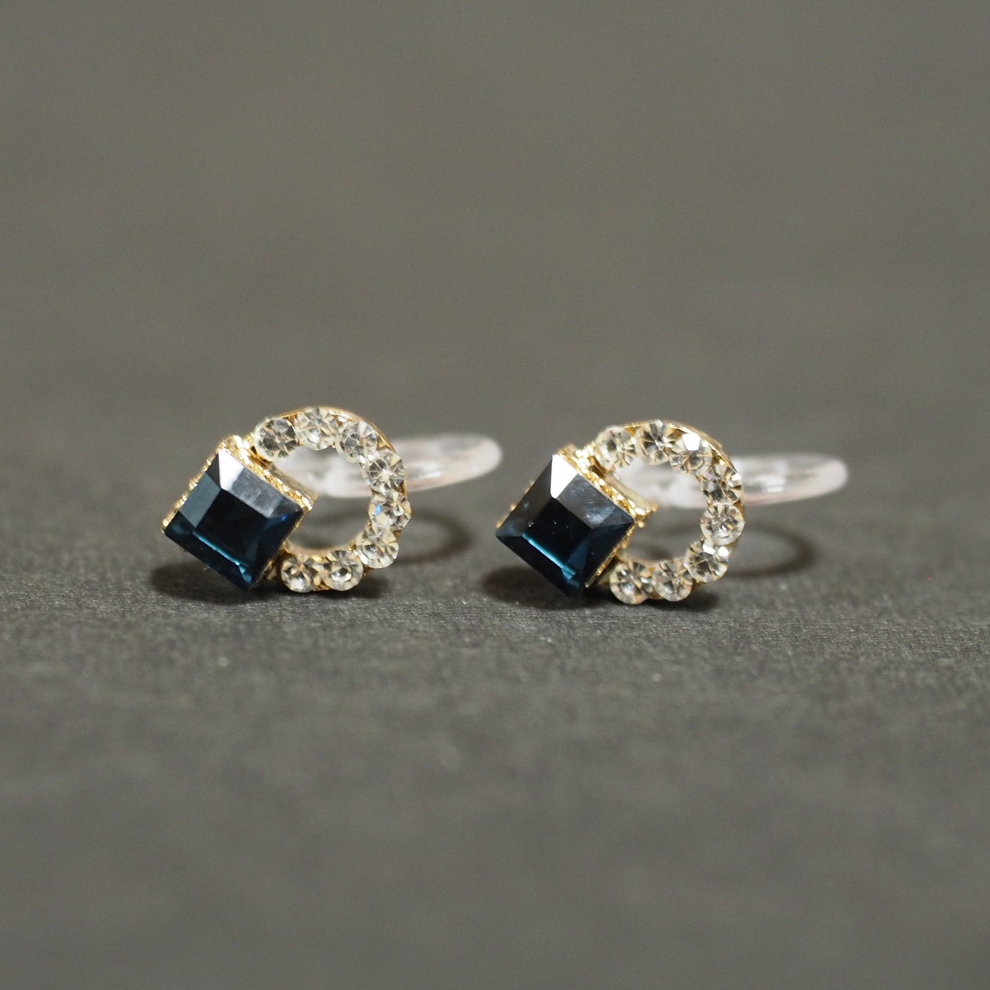 Navy Blue Swarovski Hoop Rhinestone Invisible Clip On Stud Earrings - miyabigracejewelry.com