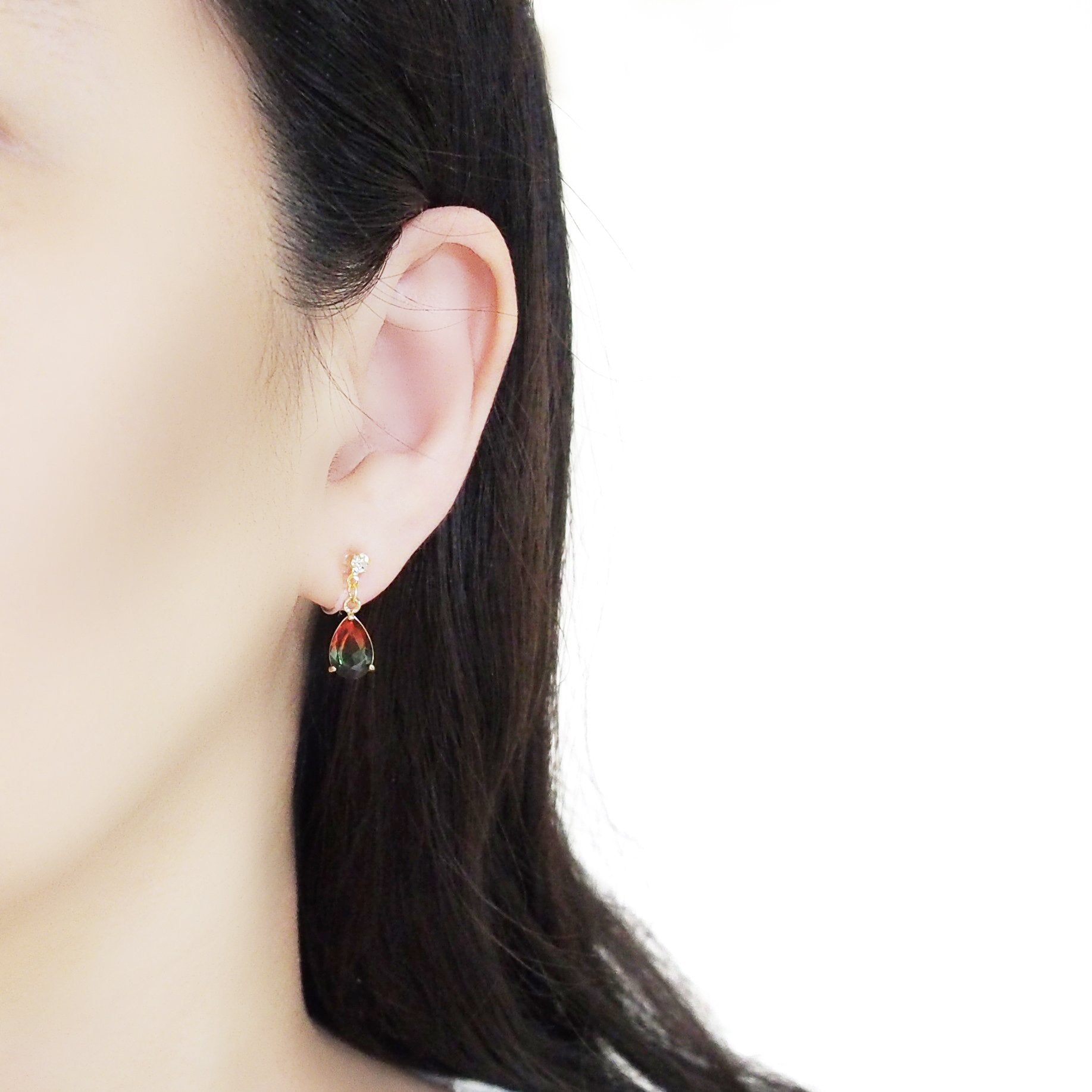 Red & Green Teardrop Crystal Invisible Clip On Earrings - Miyabi Grace