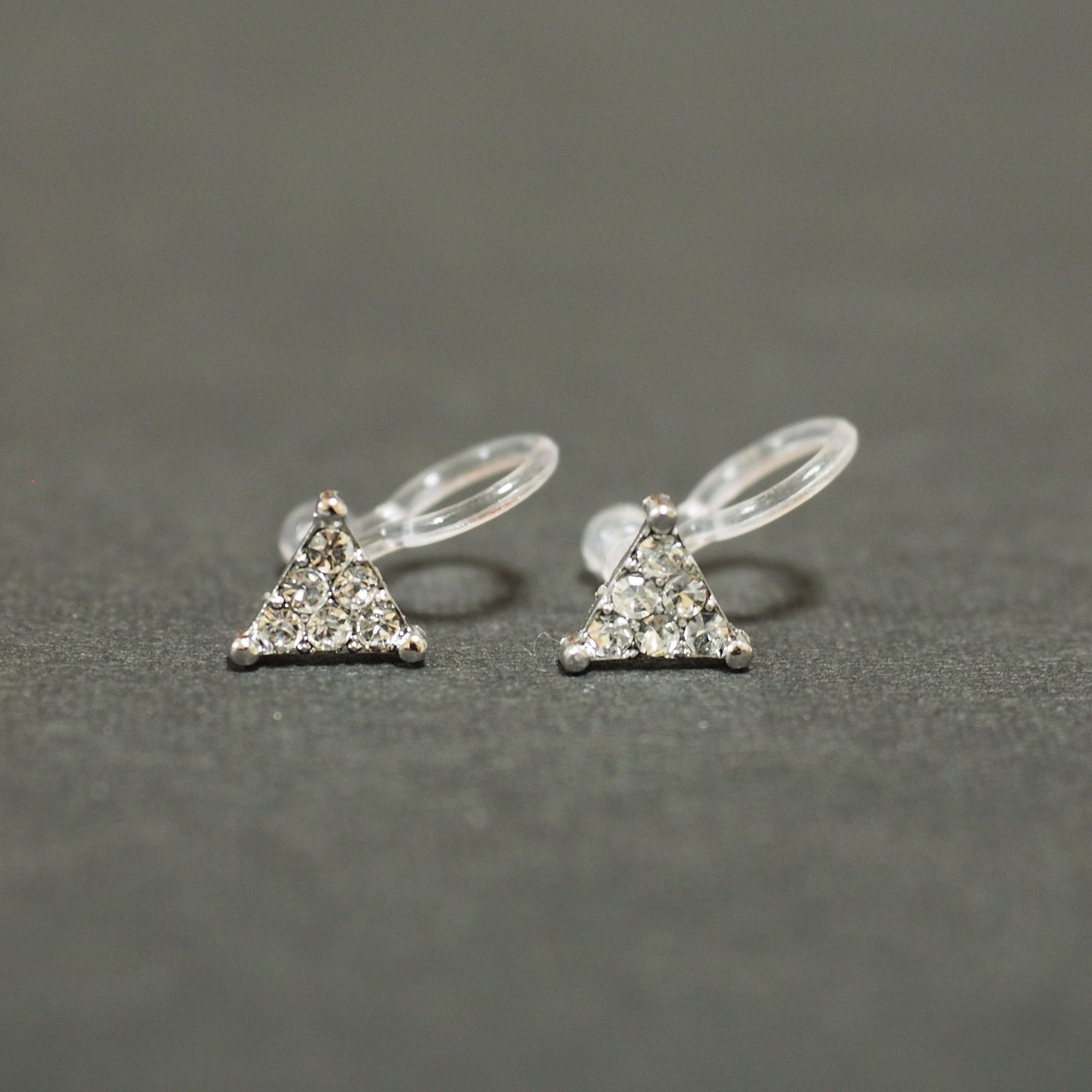 Silver Triangle Pave Rhinestone Invisible Clip On Stud Earrings - miyabigracejewelry.com