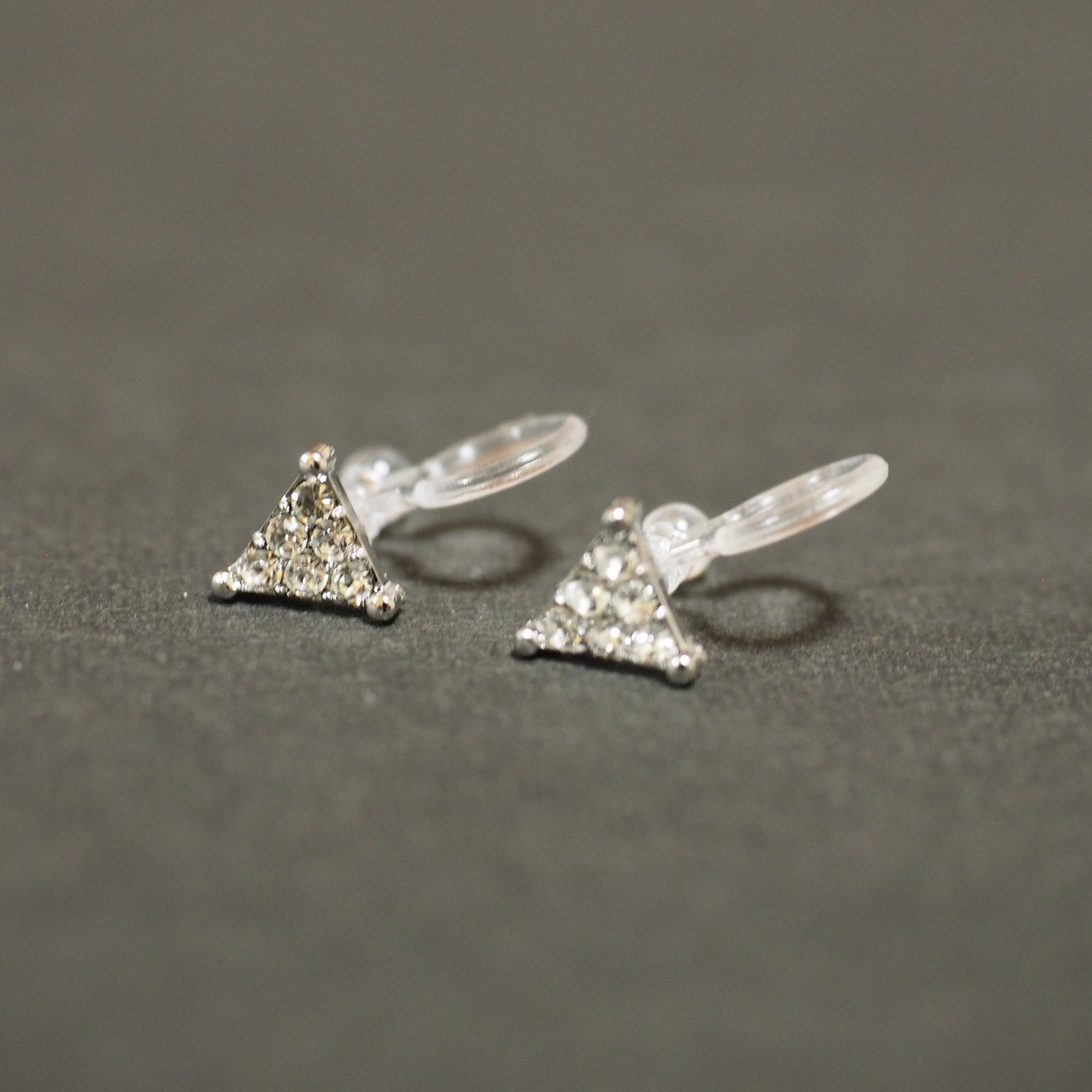 Silver Triangle Pave Rhinestone Invisible Clip On Stud Earrings - miyabigracejewelry.com