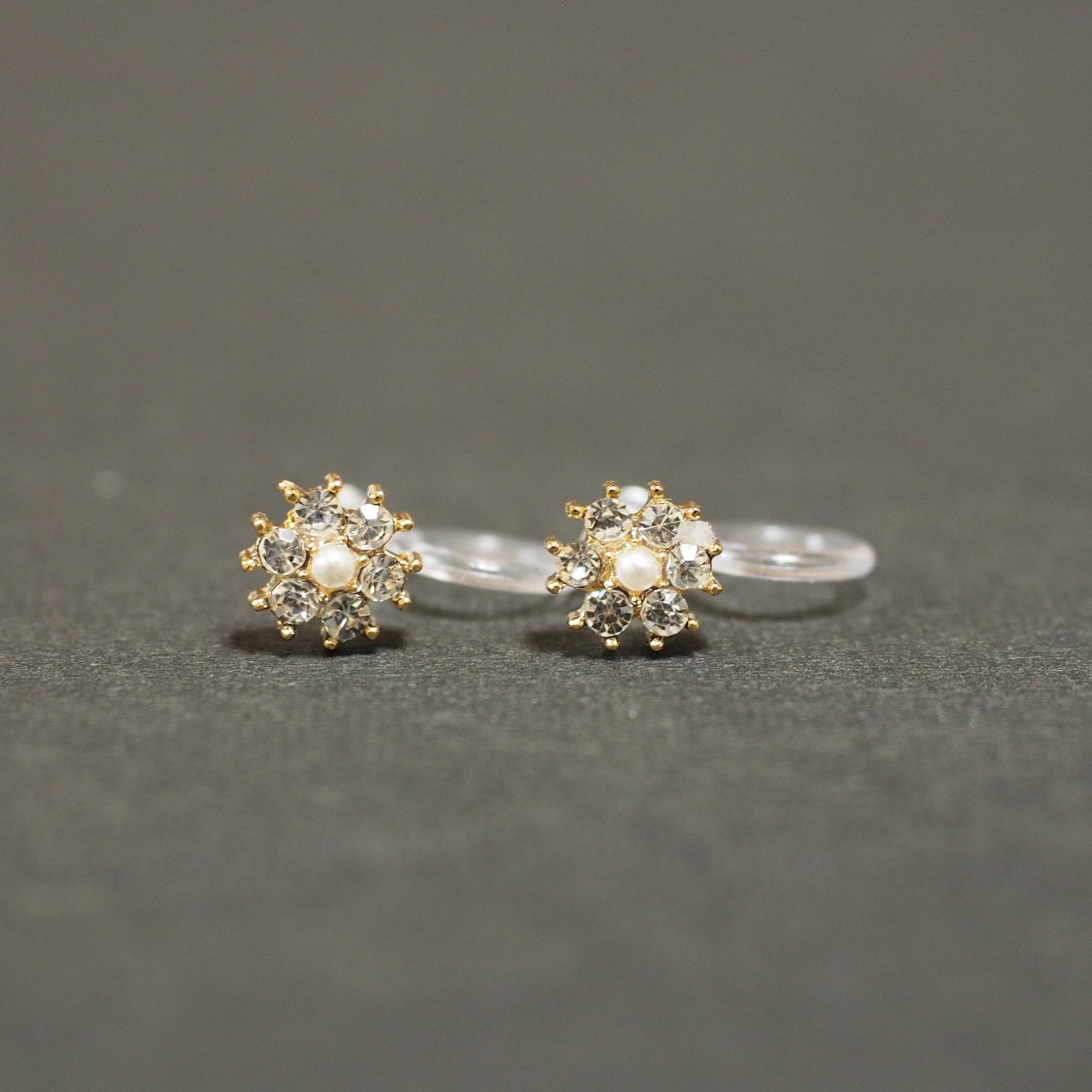 Flower Rhinestone Invisible Clip On Stud Earrings (Gold tone) - miyabigracejewelry.com