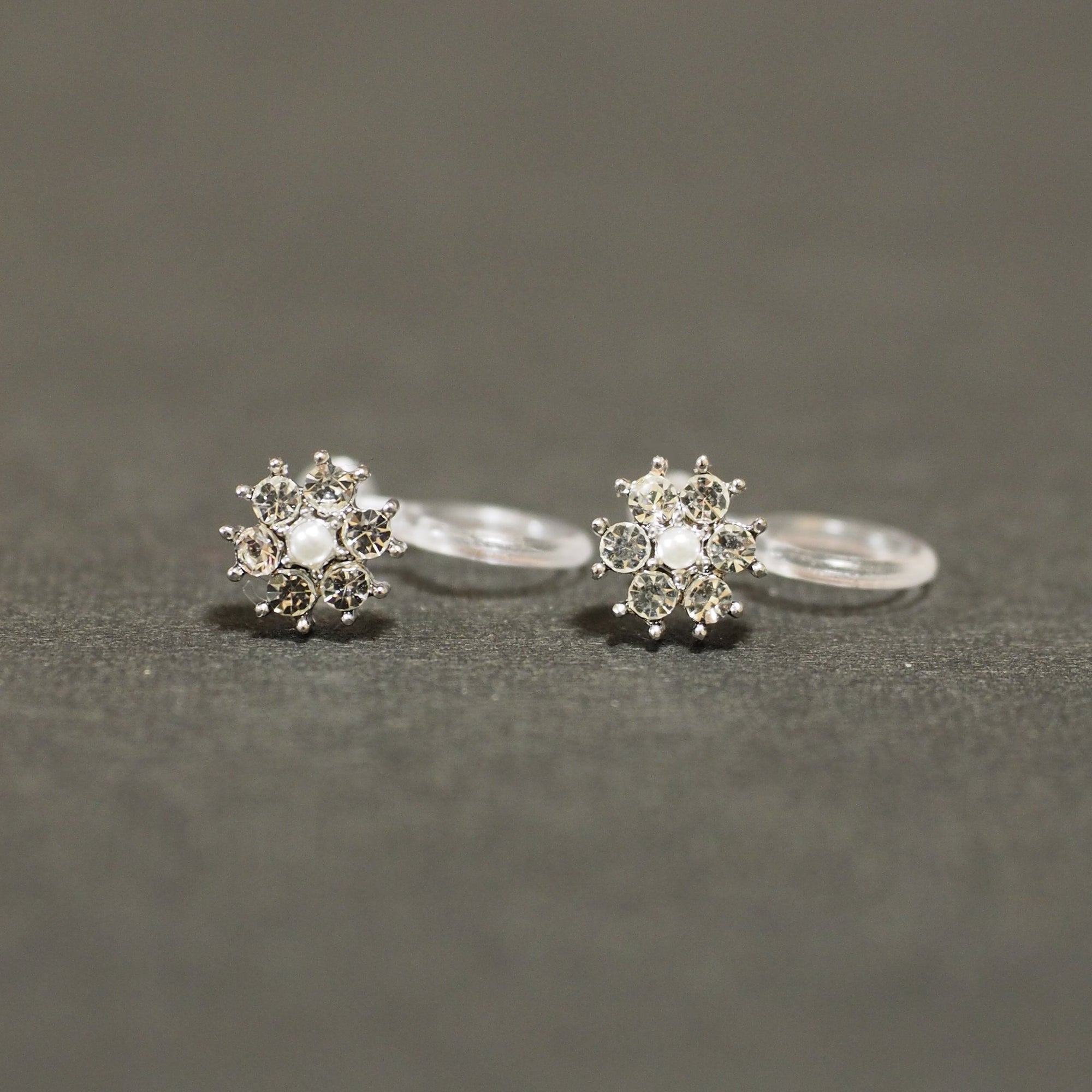 Flower Rhinestone Invisible Clip On Stud Earrings (Silver tone) - miyabigracejewelry.com