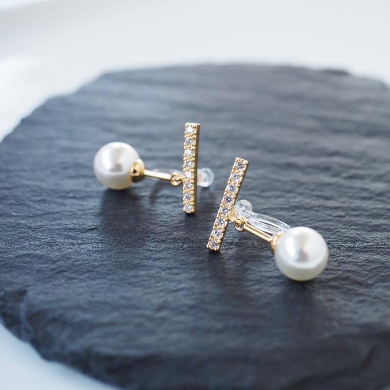 Dangle White Pearl & Pave Crystal Bar Invisible Clip On Earrings