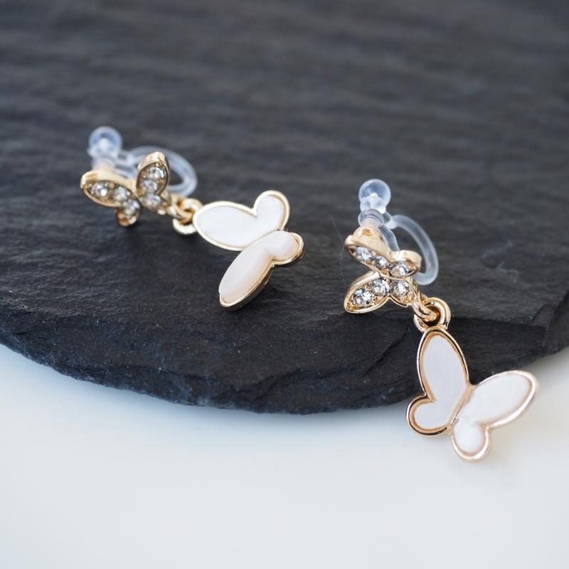 Dangle White & Crystal Butterfly Invisible Clip On Earrings