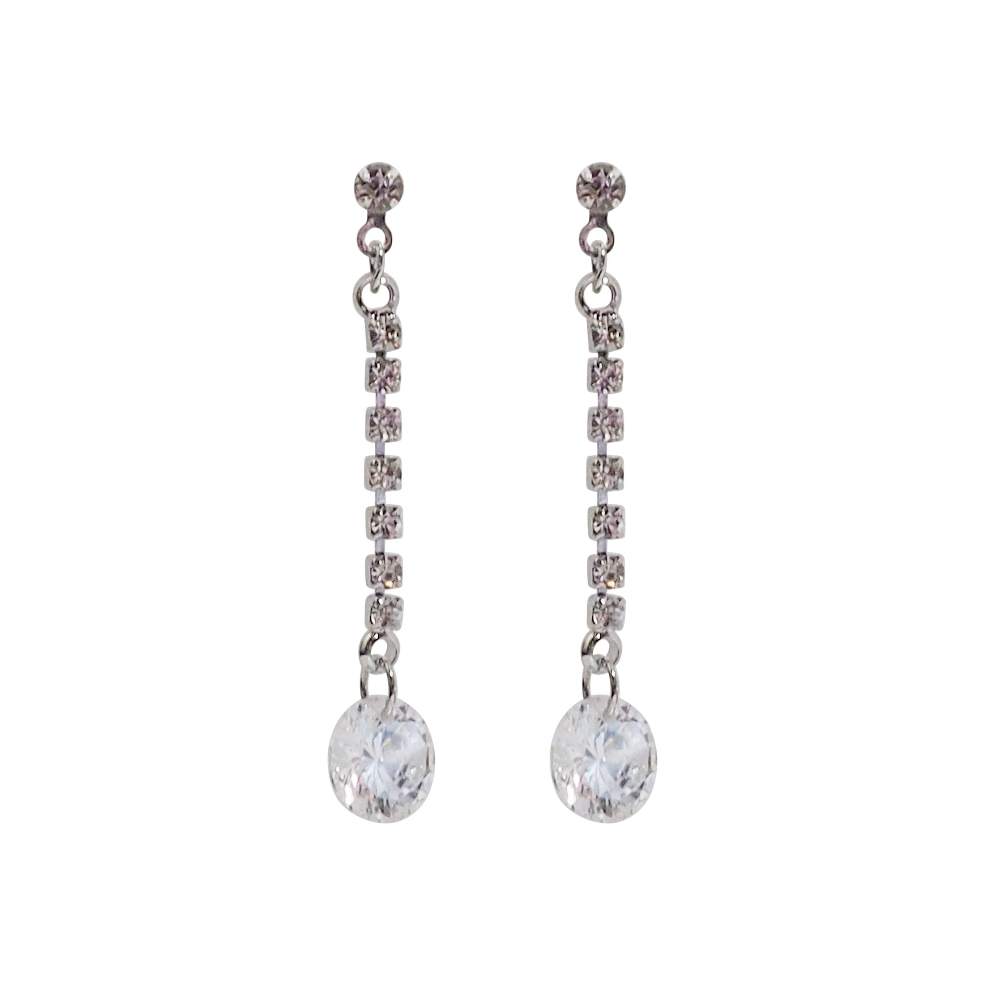 Silver cubic zirconia crystal dangle invisible clip on earrings - Miyabi Grace
