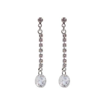Silver cubic zirconia crystal dangle invisible clip on earrings - Miyabi Grace