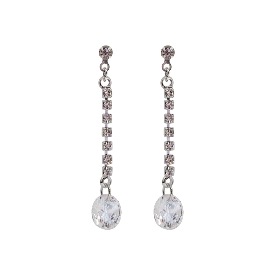Silver cubic zirconia crystal dangle invisible clip on earrings - Miyabi Grace