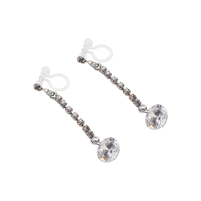 Silver cubic zirconia crystal dangle invisible clip on earrings - Miyabi Grace