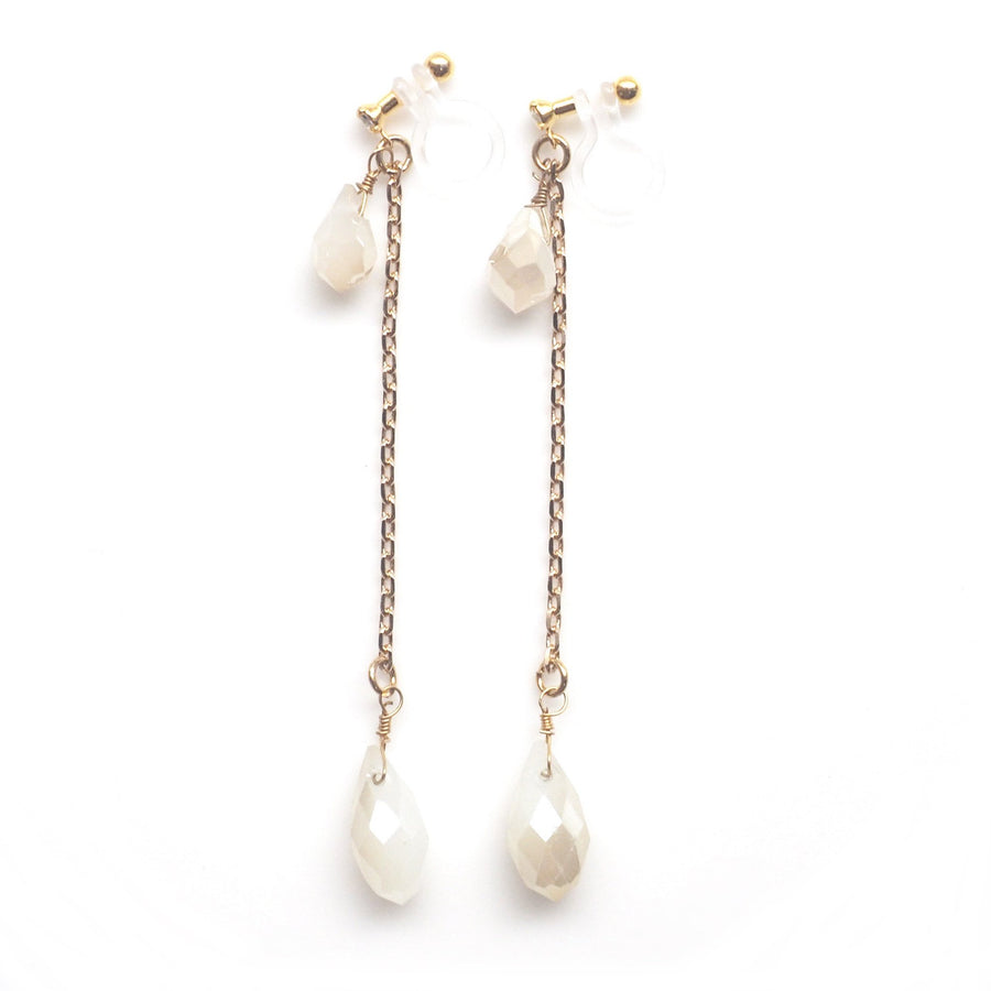 Dangle ivory beads invisible clip on earrings - miyabigracejewelry.com