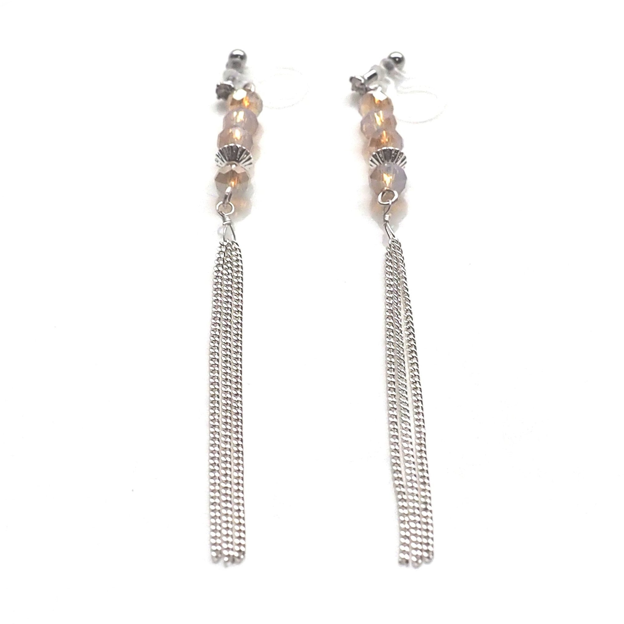 Ivory beads with silver tassel invisible clip on earrings - miyabigracejewelry.com