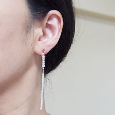 Ivory beads with silver tassel invisible clip on earrings - miyabigracejewelry.com